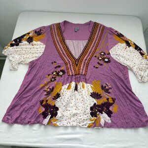 Boho Floral Blouse Womens Purple Embroidered V Neck Peasant Top Flowy
